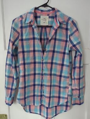 H&M Pastel Plaid Button-Up Shirt in Pink, Light Blue & Navy